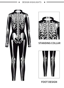 Detail view of standing collar and foot design on a Halloween skeleton jumpsuit