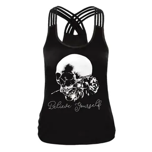 Schwarzes Damen-Trägertop mit Totenkopf-Print, Kreuzgurten und Schriftzug-Detail