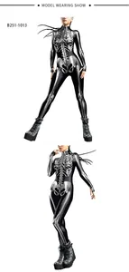 Detail of Halloween bodysuit featuring 3D digital skeleton print and a slim fit design