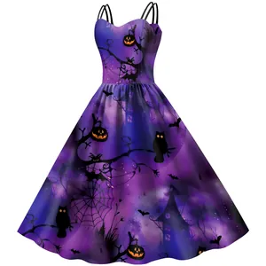 Damen Halloween Ärmellos Spaghetti-Träger A-Linien Midikleid Mit Kürbis Fledermaus Spinnennetz Digitaldruck Für Party