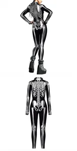 Detailed back and front views of Halloween skeleton bodysuit with high-definition digital print