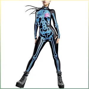 Body d'Halloween pour Femme Squelette Impression 3D Numérique Cœur Néon Combinaison Ajustée Manches Longues Costume Cosplay Fête