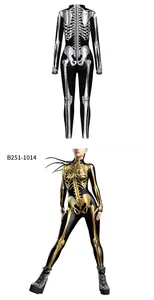 Detail view of the gold and silver skeleton print on the Halloween skinny jumpsuit