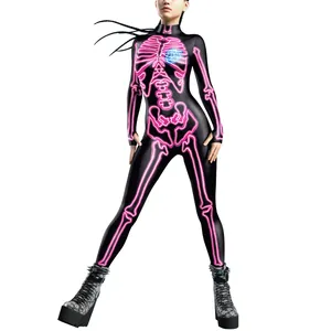 Combinaison d'Halloween pour femme avec imprimé squelette néon 3D et cœur bleu brillant