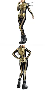 Detailed front and back view of a black and gold skeleton print Halloween bodysuit
