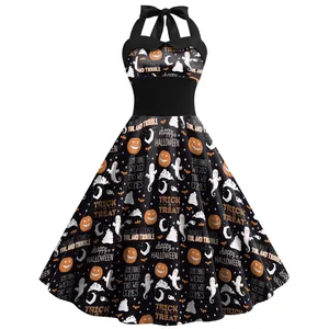 Robe licou rétro d'Halloween avec imprimé citrouille-fantôme et taille cintrée