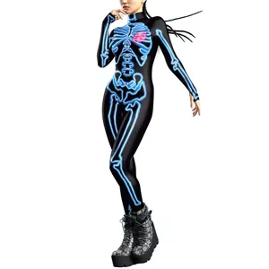 Body femme imprimé squelette néon bleu 3D à manches longues avec détail cœur rose