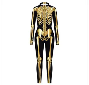 Close-up of metallic gold skeleton print on a black long-sleeve Halloween bodysuit