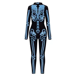 Combinaison moulante pour femme avec imprimé squelette bleu néon 3D pour Halloween