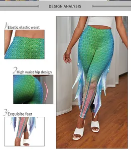 Detail of high-waisted mermaid leggings featuring scale prints and side fin ruffles