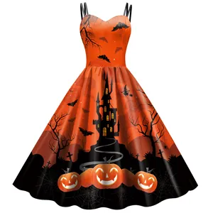 Halloween Vintage A-Linien ärmelloses Kleid mit Kürbis-, Schloss- und Fledermausdrucken
