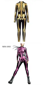 Detail of Halloween skeletons bodysuits with gold and pink metallic digital prints