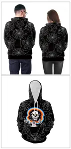 Detailed view of black hoodie with white spider web print and rainbow skull graphic