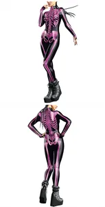 Detail view of women Halloween bodysuit showing pink skeleton print on black fabric
