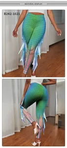 Detail view of mermaid leggings with digital scale print and 3D fin decorations
