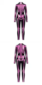Front and back detail of women's Halloween black jumpsuit with pink skeleton bone print