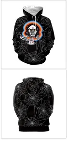 Detail of 3D skull and spider web print on a black hooded sweatshirt for Halloween
