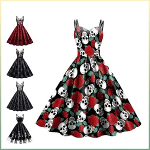 Women Halloween Skeleton Rose Print Camisole Dress Gothic Vintage Sleeveless A-Line Midi Dress For Costume Party