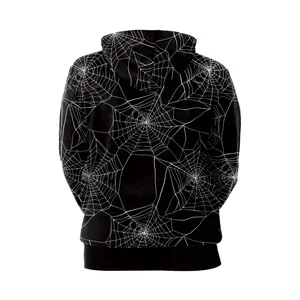 Back view of black hoodie with white spiderweb print and oversized hood design
