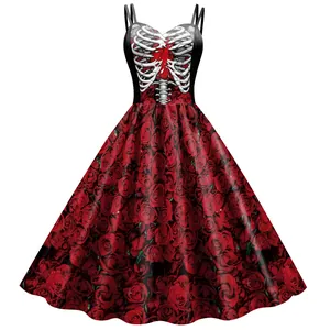 Gothic A-line dress with skeletal rib cage print and vintage red rose pattern