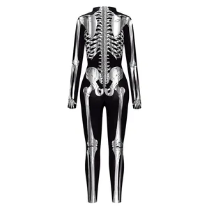 Women Halloween jumpsuit with metallic silver skeleton bone print on black fabric