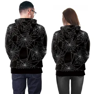 Black unisex Halloween hoodies with white spider web print shown from the back view