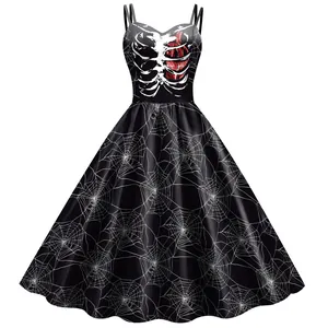 Black Halloween A-line dress with white rib cage, red heart, and spider web prints