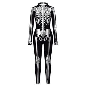 Women's Halloween skeleton jumpsuit with 3D silver metallic bone print on black fabric