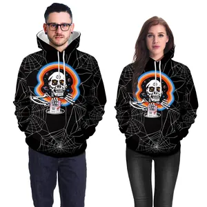 Halloween couple hoodies with spider web print and skull graphic for casual streetwear style