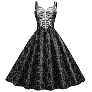 Gothic Halloween A-line dress with white skeleton rib print and grey floral lace texture