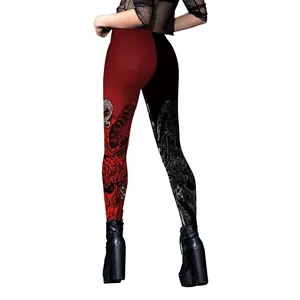 Leggings Estampados de Halloween para Mujer Patrones Góticos de Calavera Esqueleto Telaraña Ojo de Gato Pantalones Fitness Elásticos de Cintura Alta
