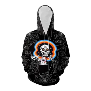 Black spider web hoodie with skull and galaxy graphic print for men and women