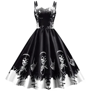 Women's black gothic A-line slip dress with skull and rock hand print for Halloween