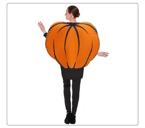 Detail showing the back view of a puffy orange pumpkin costume for Halloween parties