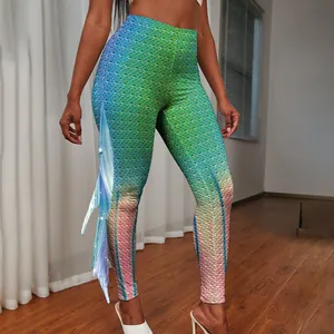 Women mermaid scale yoga leggings with high waist and colorful gradient fin detail
