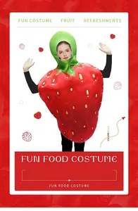 Close-up of strawberry costume featuring green leaf collar and red padded fabric