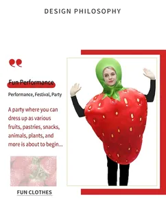 Detail of adult strawberry costume featuring realistic green leaf collar and red seed pattern