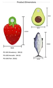 Size chart showing height and weight for strawberry, avocado, and fish party costumes