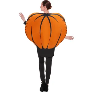 Back view of round orange pumpkin costume for adults with black stripes for Halloween