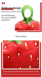 Detail showing the 100% polyester fabric and pullover head design of the strawberry costume