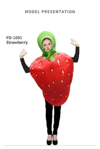 Funny strawberry costume for adults featuring red fruit body and green leaf headpiece