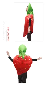 Side and back view of a plush red strawberry cosplay costume with green leaf detail