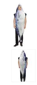 Front and back view of blue tuna fish costume with realistic printed scales and tail