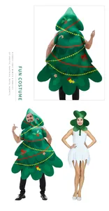 Detail view of green Christmas tree costume and clover party set for holiday performance