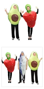 Detailed views of strawberry, avocado, and fish cosplay party costumes for fun events
