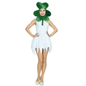St. Patrick's Day costume with green clover headpiece and white asymmetrical skirt