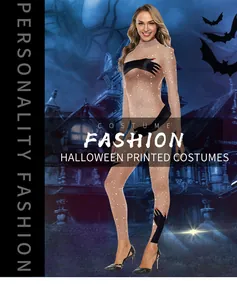 Detail view of skin-tone mesh catsuit with black hand prints for Halloween parties
