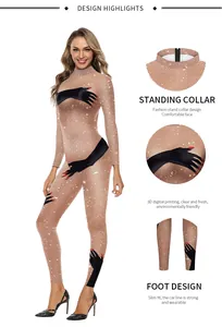 Detail view showing the standing collar, digital palm print, and foot design of bodysuit