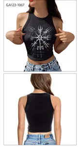 Dettaglio fronte e retro del crop top nero con stampa di rune vichinghe bianche