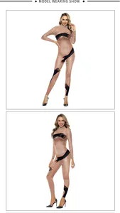Detail of sheer mesh bodysuit featuring rhinestone embellishments and hand-print patterns